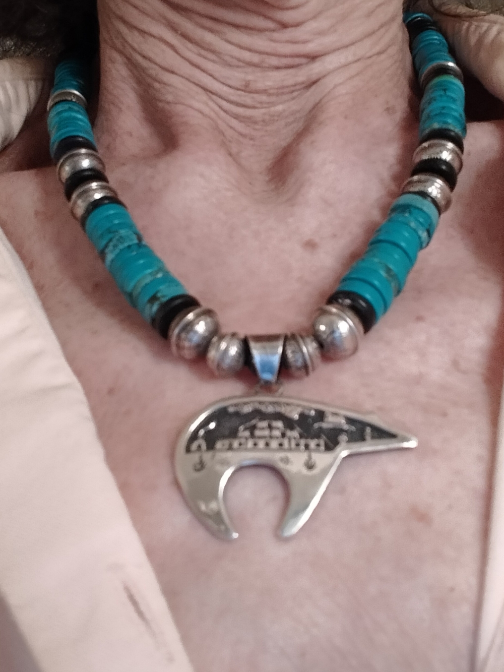 Turquoise Beaded Necklace with Silver Bear Pendant